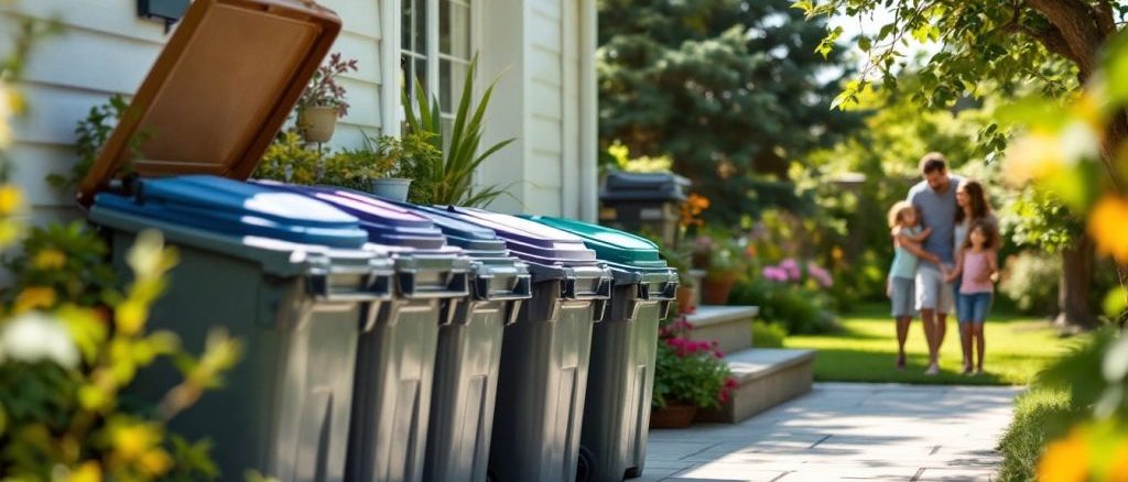 Home trash bins in a tidy outdoor setting.