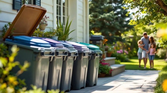 Home trash bins in a tidy outdoor setting.